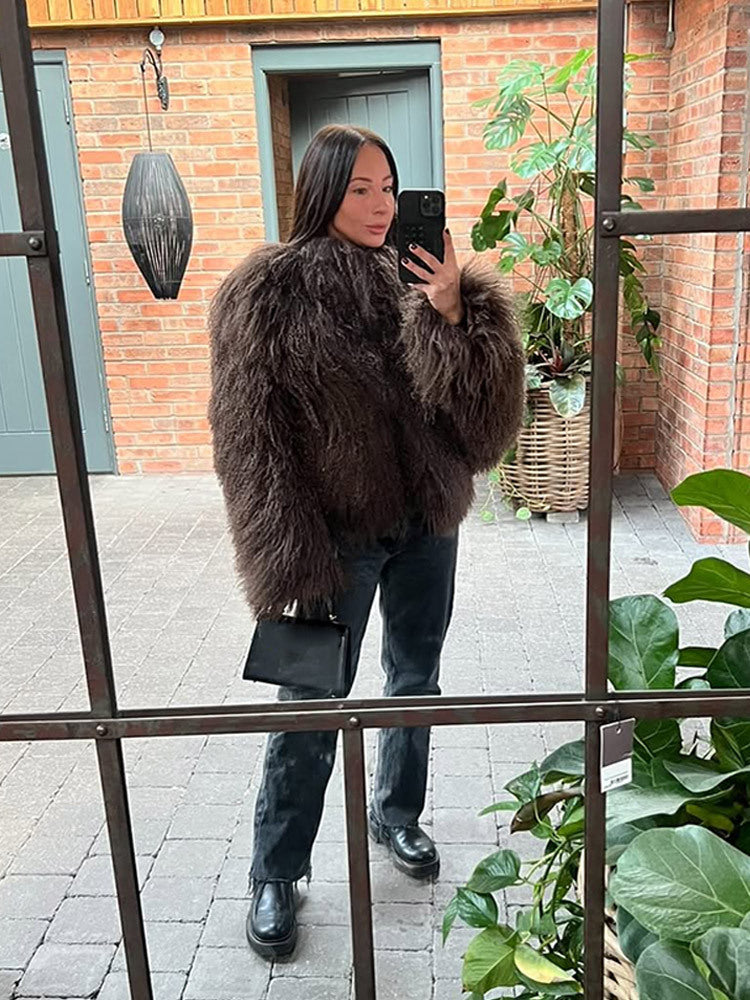 Damen Kunstfelljacke mit voluminösen Ärmeln