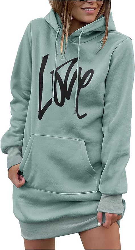 Damen Hoodie-Kleid mit Kängurutasche und auffälligem Schriftzug Fudus