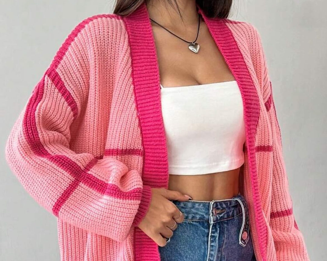 Damen Grobstrick Cardigan mit lässigem Schnitt und auffälligen Kontraststreifen Fudus
