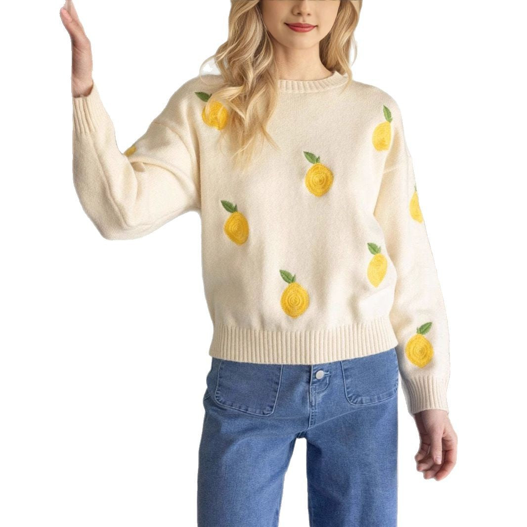 Damen kuscheliger Strickpullover mit Zitronenstickerei Fudus