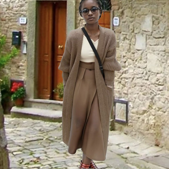 Damen Grobstrick-Longcardigan mit lässiger Passform und seitlichen Taschen Fudus