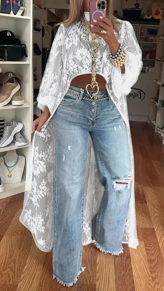 Damen Langer Kaftan mit Spitze und weit geschnittenen Ärmeln Fudus