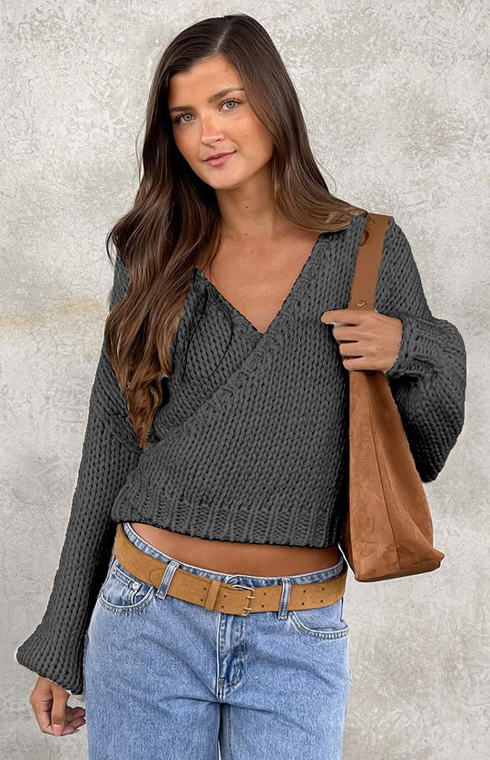 Damen kuscheliger Strickpullover mit modernem Wickeldesign Fudus