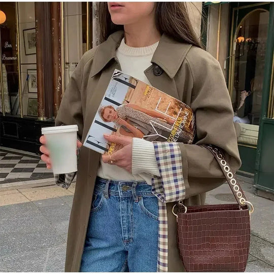 Damen klassischer Trenchcoat mit schickem Reverskragen und praktischen Taschen Fudus