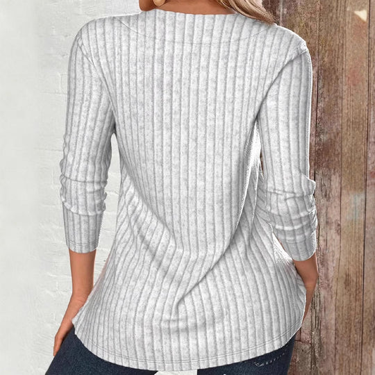 Damen Langarmshirt mit schrägem Kragen und dekorativen Knöpfen Fudus