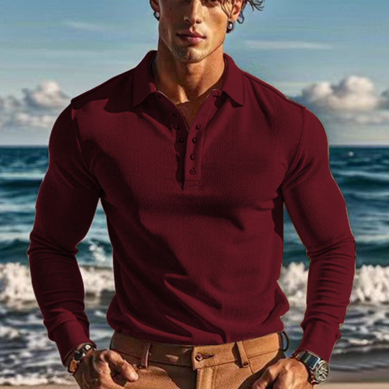 Herren eleganter Langarm-Polo mit Knopfleiste und strukturiertem Design Fudus