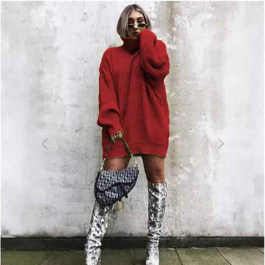 Damen Grobstrickpullover mit hohem Kragen und lockerem Schnitt Fudus