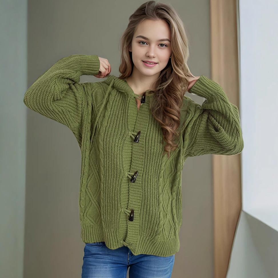 Damen Grobstrickjacke mit Kapuze und Zopfmuster Fudus