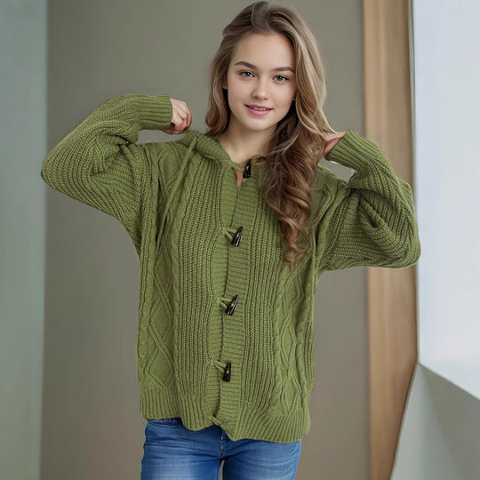 Damen Grobstrickjacke mit Kapuze und Zopfmuster Fudus