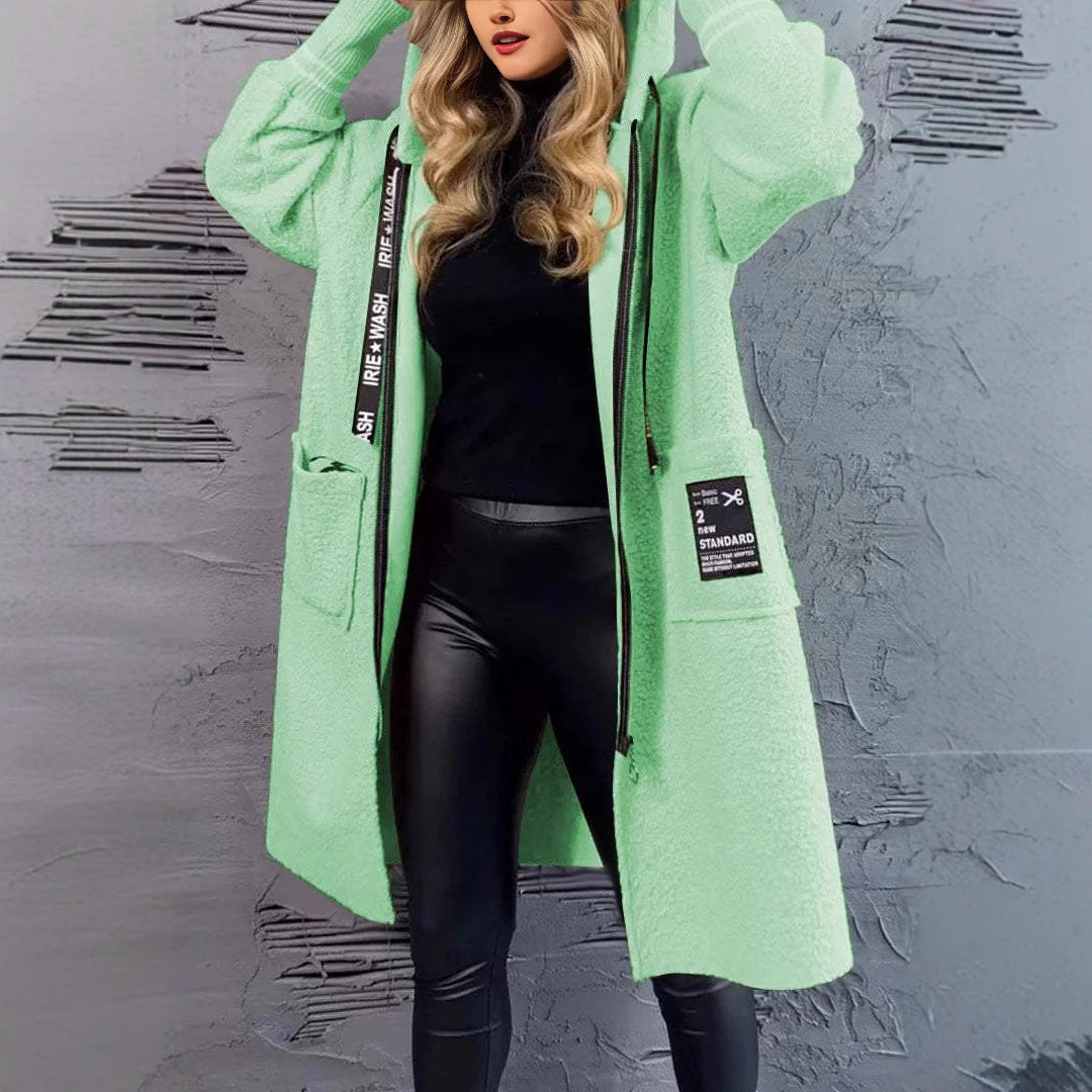 Damen Langhaarmantel mit Taschen und Kapuze Fudus