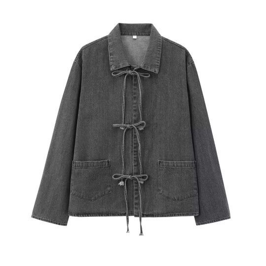 Damen lässige Jeansjacke mit kontrastierenden Kordelzügen und Taschen Fudus