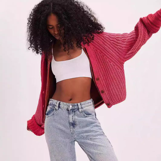 Damen lässige Strickjacke mit dekorativem Knopfverschluss und voluminösen Ärmeln Fudus