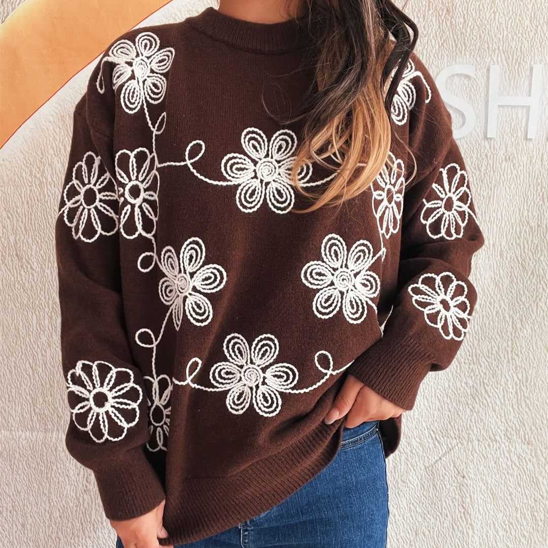 Damen kuscheliger Strickpullover mit floralen Applikationen und Rundhalsausschnitt Fudus