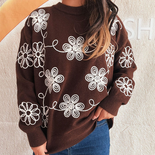Damen kuscheliger Strickpullover mit floralen Applikationen und Rundhalsausschnitt Fudus