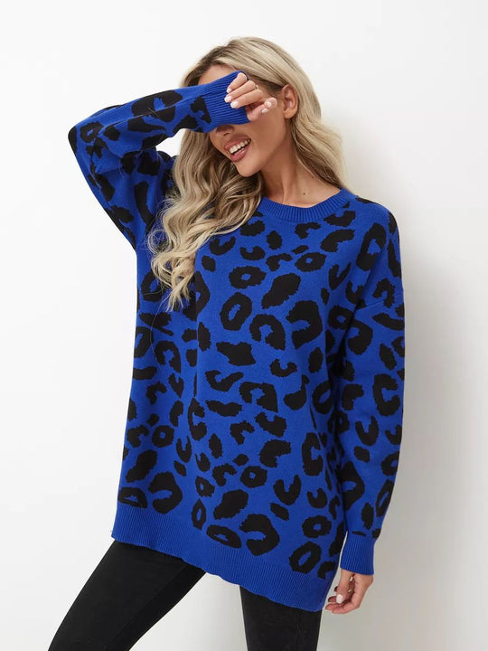 Damen Grobstrickpullover mit Leopardenmuster Fudus