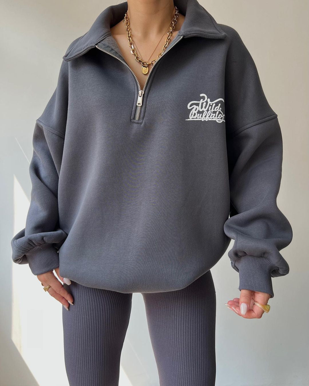 Damen Hoodie-Pullover mit hohem Kragen und Reißverschluss Fudus