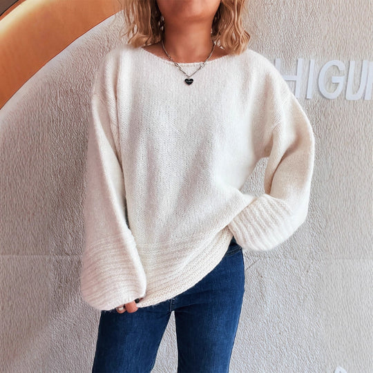Damen kuscheliger Strickpullover mit weitem Schnitt und modischen Baumelärmeln Fudus