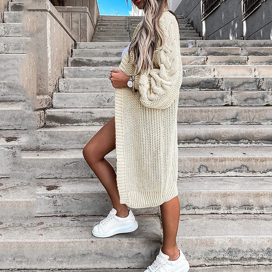 Damen Grobstrick-Longcardigan mit puffärmel und lässiger Passform Fudus