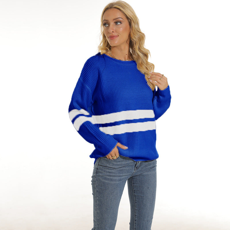 Damen Grobstrickpullover mit sportlichem Streifenmuster und lockerer Passform Fudus