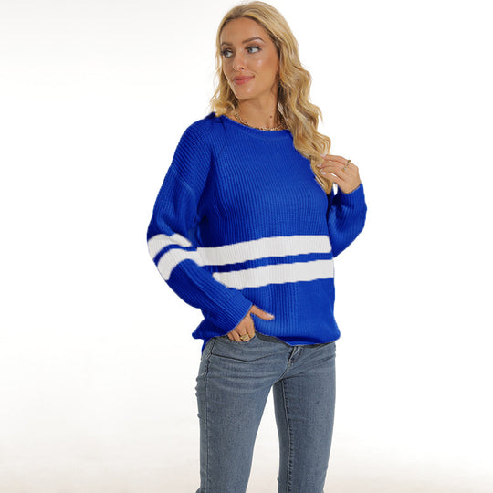 Damen Grobstrickpullover mit sportlichem Streifenmuster und lockerer Passform Fudus