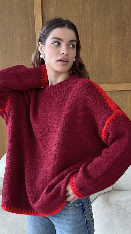 Damen kuscheliger Strickpullover mit kontrastierenden Akzentdetails Fudus