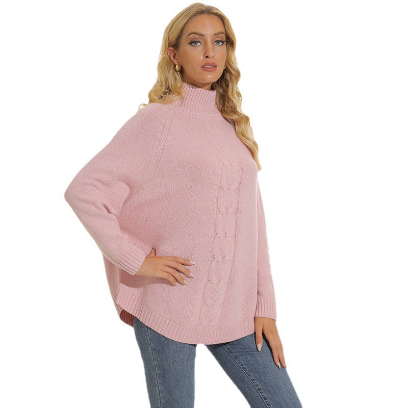 Damen Grobstrickpullover mit hohem Kragen und modernem Zopfmuster Fudus