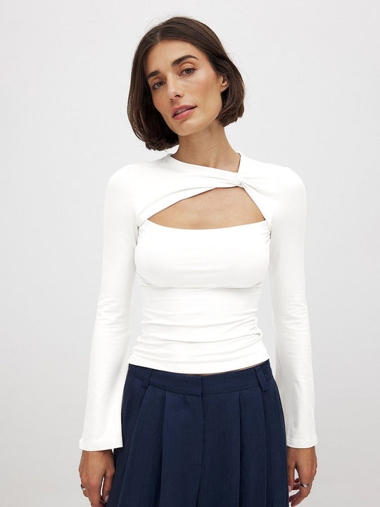 Damen Langarmshirt mit raffiniertem Cut-Out und Wickeldesign Fudus