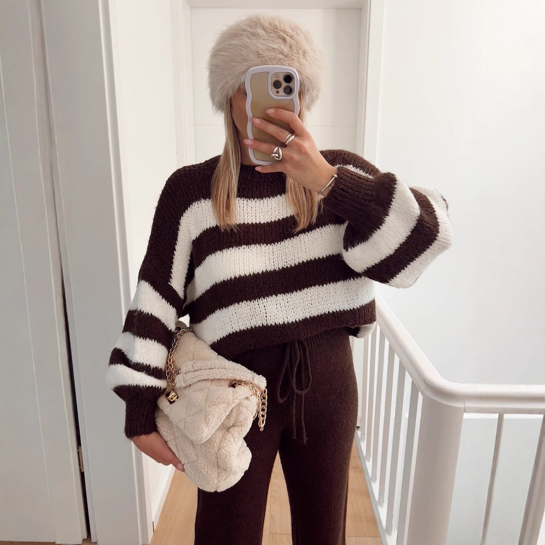Damen modischer Cropped Pullover mit einzigartigem Streifenmuster und weit geschnittenen Ärmeln Fudus