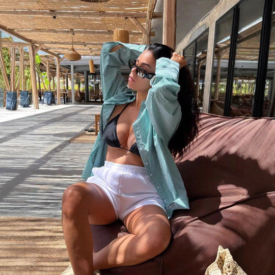 Damen Langarmbluse mit feinem Streifenmuster und Brusttasche Fudus