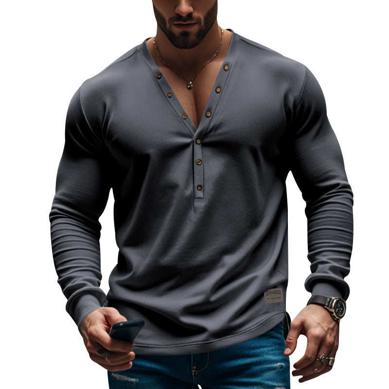 Herren Langarm Henley T-Shirt mit modernem Knopfverschluss und figurbetontem Schnitt Fudus