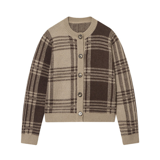 Damen modischer Karoknit-Pullover mit Knopfleiste und Rundhalsausschnitt Fudus