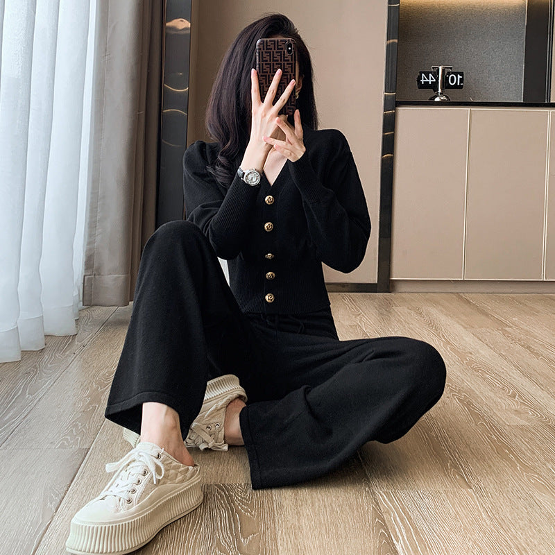 Damen langärmliger Strickanzug mit Elastikbund Fudus