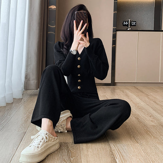 Damen langärmliger Strickanzug mit Elastikbund Fudus