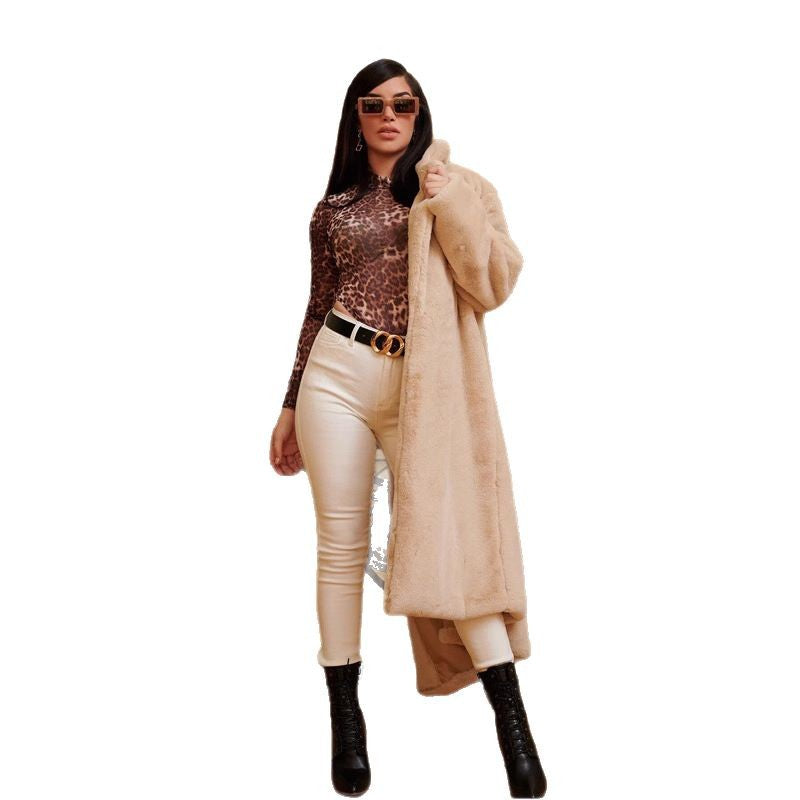 Damen Langer Kunstpelzmantel mit elegantem Reverskragen und praktischen Taschen Fudus