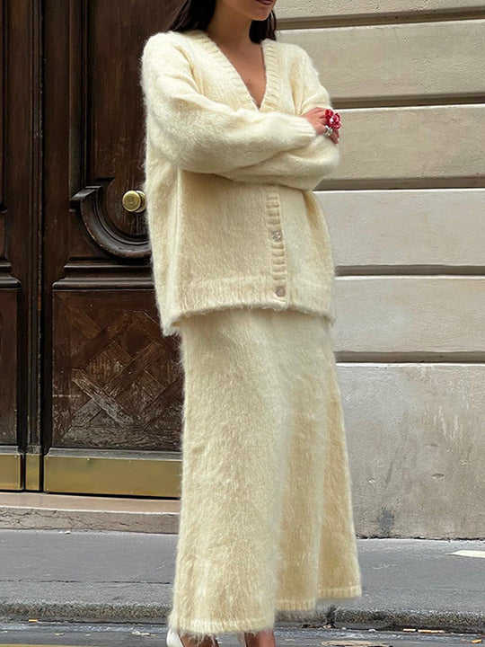 Damen kuschelige Strickjacke und Wadenlanger Rock Set Fudus