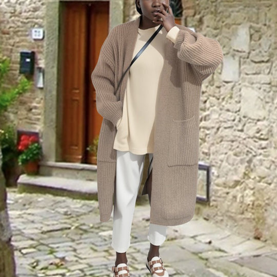 Damen Grobstrick-Longcardigan mit lässiger Passform und seitlichen Taschen Fudus