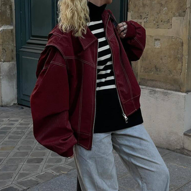 Damen Kunstlederjacke mit elastischen Bündchen und hochschließendem Kragen Fudus