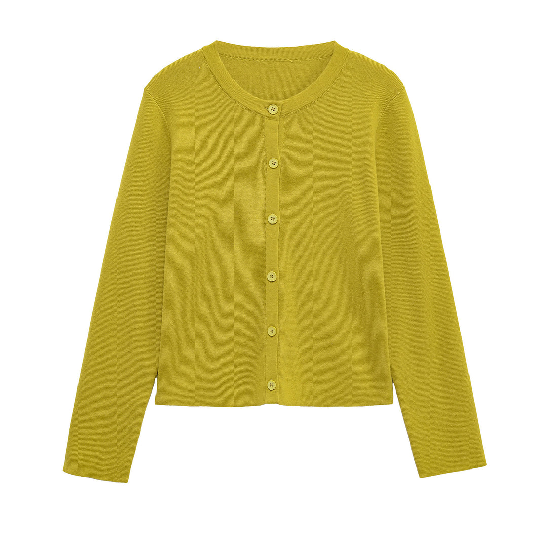 Damen Kleidung aus hochwertigem Strickmaterial mit Knopfleiste und Rundhalsausschnitt Fudus