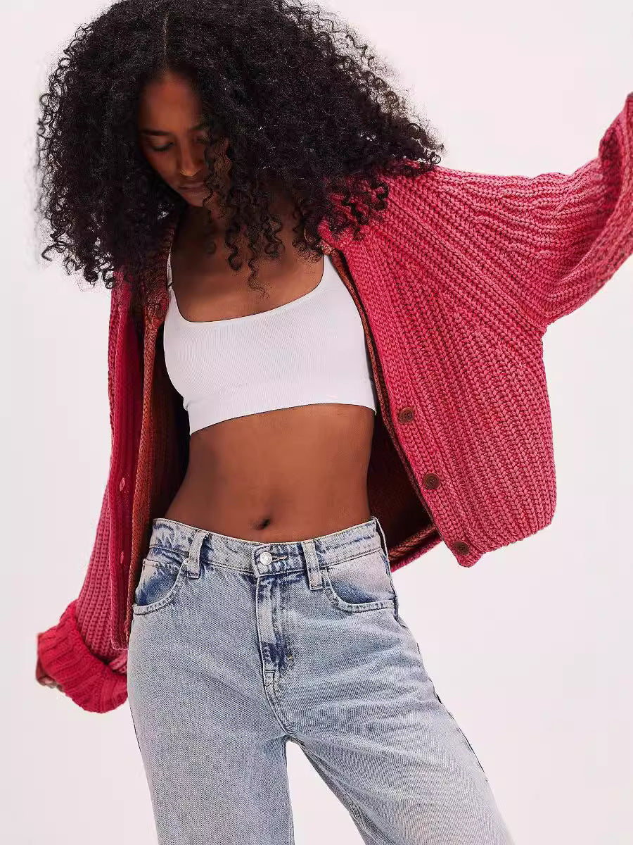 Damen lässige Strickjacke mit dekorativem Knopfverschluss und voluminösen Ärmeln Fudus