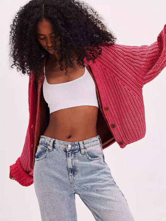 Damen lässige Strickjacke mit dekorativem Knopfverschluss und voluminösen Ärmeln Fudus