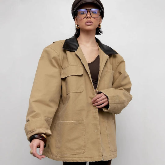 Damen lässige Oversized-Jacke mit ledernem Kragen und praktischen Taschen Fudus
