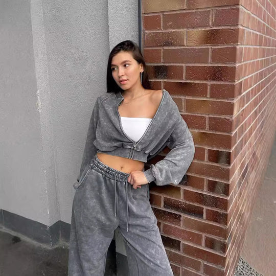 Damen modischer cropped Kapuzenpullover mit Reißverschluss und lässigen Jogginghose Fudus