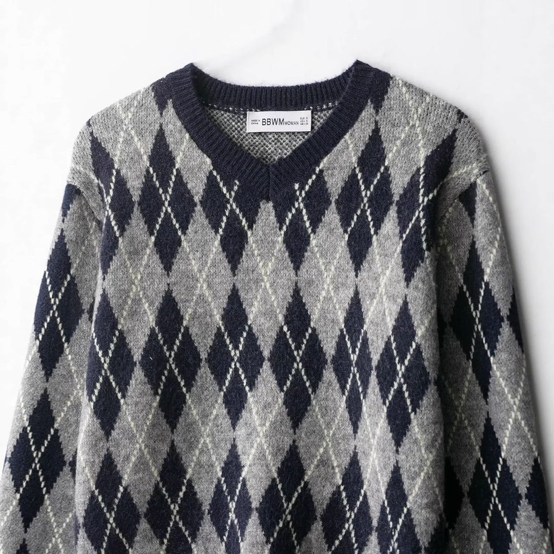 Damen klassischer V-Ausschnitt Pullover mit Rautenmuster Fudus