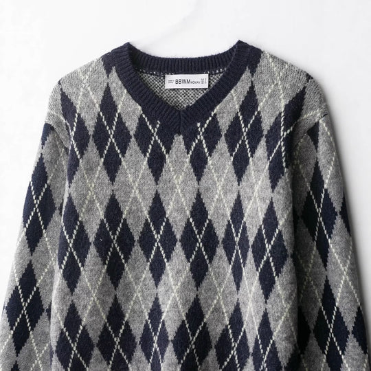 Damen klassischer V-Ausschnitt Pullover mit Rautenmuster Fudus