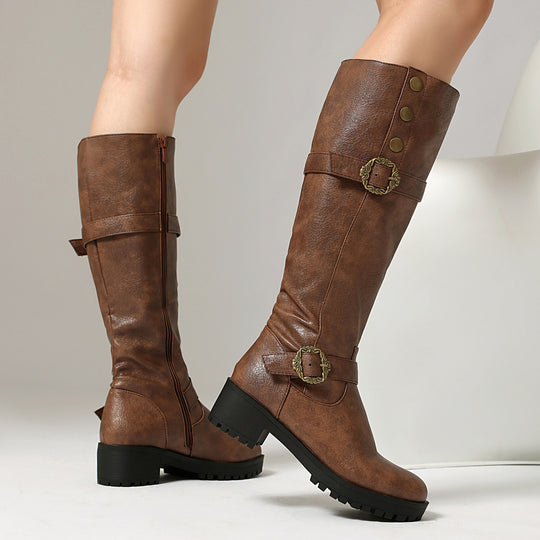 Damen Hohe und stilvolle Stiefel mit dekorativen Schnallen Fudus