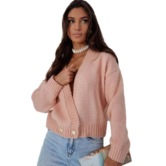 Damen kuschelige Strickjacke mit lockerer Passform und tiefem V-Ausschnitt Fudus