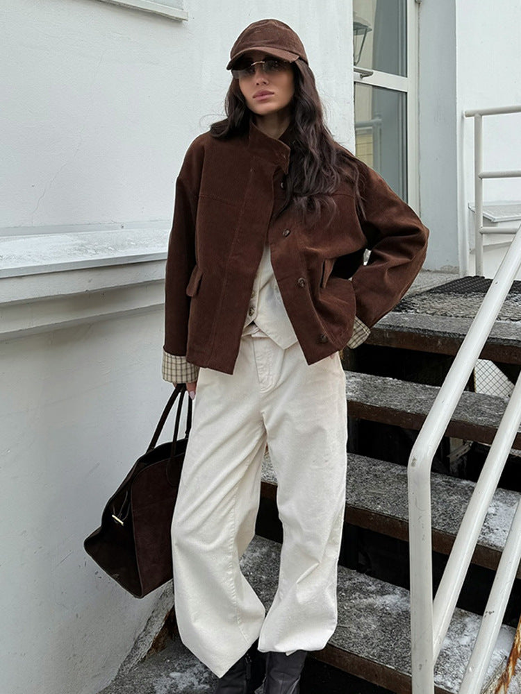 Damen lässige Cordjacke mit einzigartigem Schnitt und modischen Details Fudus