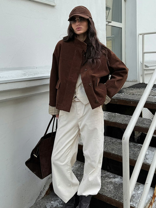 Damen lässige Cordjacke mit einzigartigem Schnitt und modischen Details Fudus