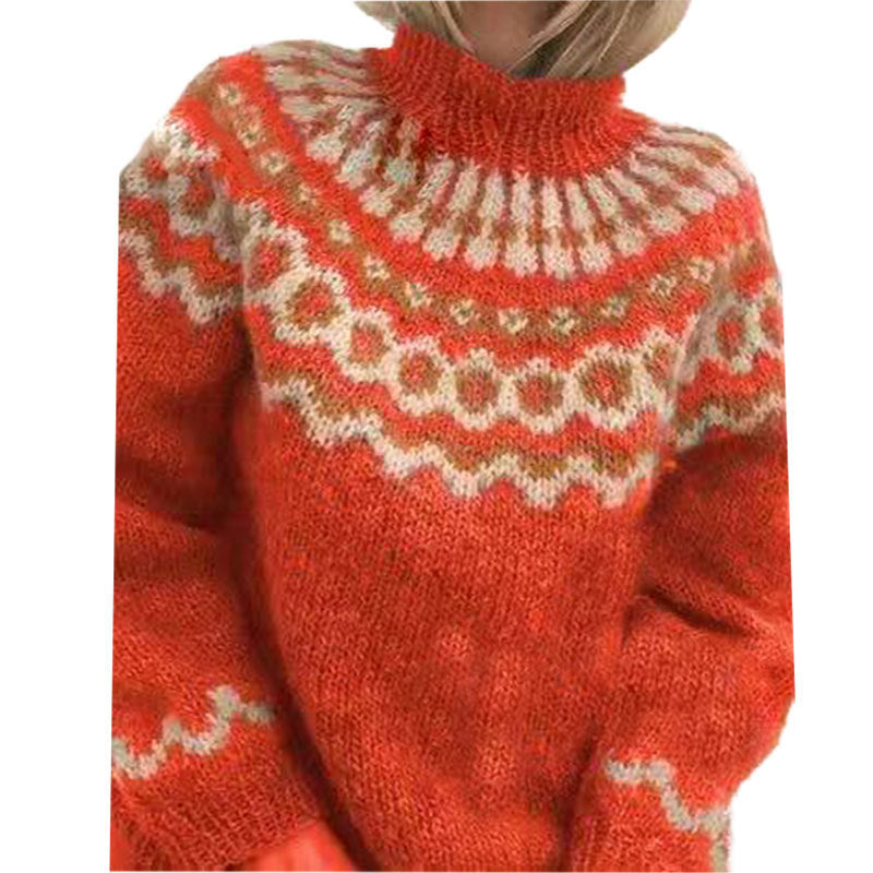 Damen Kuscheliger Strickpullover mit hohem Kragen und Norweger-Muster Fudus
