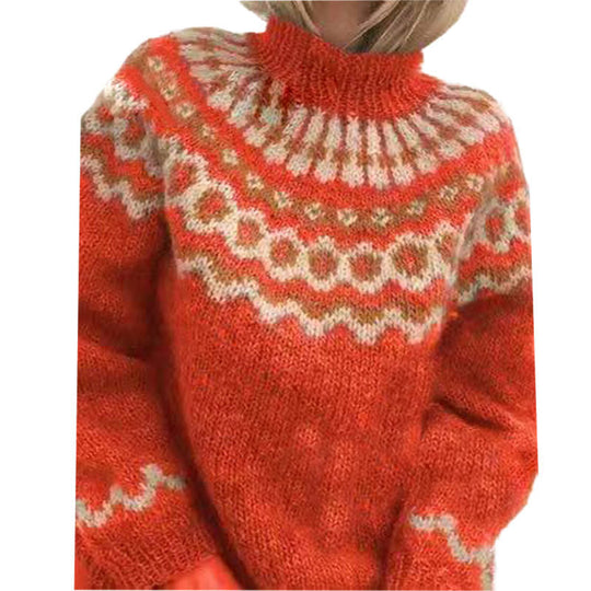 Damen Kuscheliger Strickpullover mit hohem Kragen und Norweger-Muster Fudus